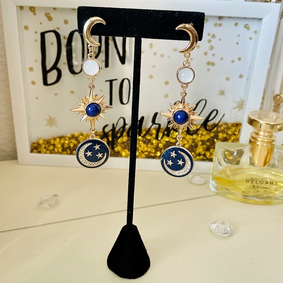 Boho Moon And Stars Drop Earrings Blue - Picture 3 of 5